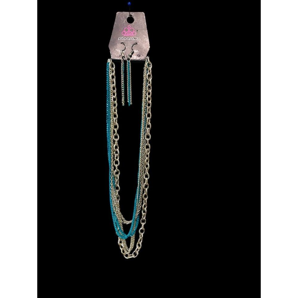 Paparazzi‎ New Silvertone Necklace and Earring Set Turquoise Multistrand 40"